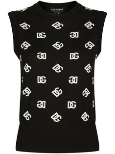 intarsia-logo knitted vest top from DOLCE & GABBANA featuring black/white, virgin wool-silk blend, intarsia-knit logo, crew neck, sleeveless, straight hem and ribbed hem. Dolce Gabbana Belt, Wool Waistcoat, Silk Vest, Dg Logo, Logo Knit, Outerwear Vest, Dolce E Gabbana, Sweater Design, Sleeveless Sweater