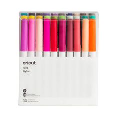 six cricut pens in a display box with different colors and sizes on them