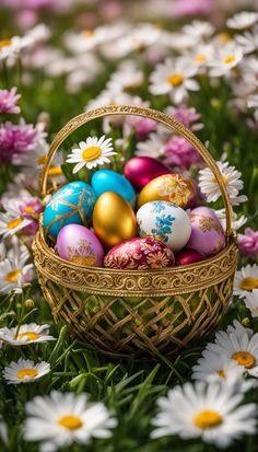 a basket filled with colorful easter eggs on top of a field of daisies and daisies