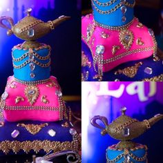 three different pictures of a cake with blue, pink and gold decorations on it's sides