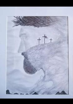 a drawing of a man with three crosses on his head and two birds flying over him