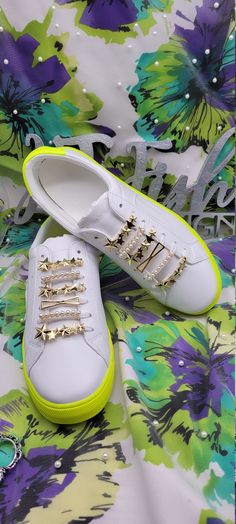 Our gold plated shoe lace decorative accessories are designed to add flare, bling and an additional level of style to your sneakers or other type of lace up shoes or boots. The price listed is for a pre-designed set of 12 pieces as seen in the photograph.  Our shoe accessories ships from Houston, Texas via USPS First Class Mail (Delivered in approximately 3-5 days) CARE INSTRUCTIONS:  Do not submerge in water.  Do not launder.  When not in use, please keep is an airtight jewelry box or plastic t Custom Lace-up Sneakers With Perforations For Sports, Textile Lace-up Sneakers With Perforations, Glamorous Bling Lace-up Sneakers, Embellished Lace-up Synthetic Sneakers, White Lace-up Sneakers With Appliques, Cell Phone Screen, Types Of Lace, Fish Design, Superga Sneaker