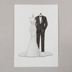 a drawing of a bride and groom in tuxedo, with the dress on display