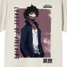 Join the League of Villains with this My Hero Academia tee. The shirt features an image of Dabi in a disintegrating purple box while black letters spell out, "League of Villains." The tee comes in a tofu short sleeve crew neck. My Hero Academia fans will love this comfy cotton t-shirt. My Hero Academia Dabi, The League Of Villains, My Hero Academia Shirt, League Of Villains, The League, Black Letter, Christmas List, My Hero Academia, Hero Academia