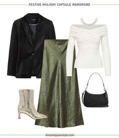 Olive green, black and white Holiday party outfit from the festive capsule wardrobe. Green satin skirt, velvet blazer, metallic ankle boots. Perfect for over 40 women, office parties, Christmas party, or New Year's Eve. Curated on LTK. White Holiday Party Outfit, Black And White Holiday Party, Green Slip Skirt, White Holiday Party, Green Satin Skirt, Metallic Ankle Boots, White Off The Shoulder Top