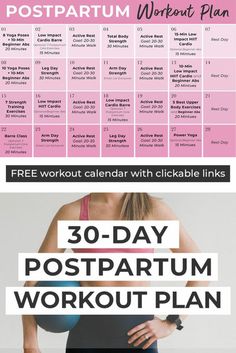 the 30 - day postpartum workout plan is shown in pink and black, with text