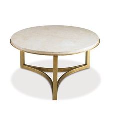 a white table with gold legs and a round marble coffee table on the top, against a white background