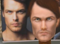 a mannequin head is shown in front of an image of two men