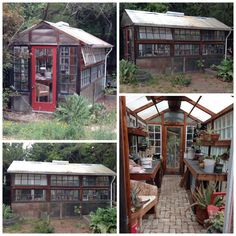 several pictures of an old greenhouse with plants growing inside and outside the building, including one in red