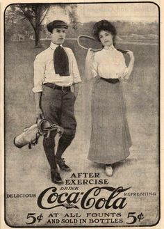 an old advertisement for coca cola featuring two people holding tennis racquets in their hands