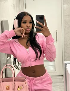 Girly Baddie Aesthetic, Light Pink Baddie Aesthetic, Pink Baddie Aesthetic Pictures, Light Pink Outfit Aesthetic Baddie, Pink Fit Black Women, Black Barbie Aesthetic, Black Woman Luxury Aesthetic Pink, Airport Attire