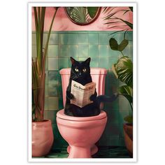 a black cat sitting on top of a pink toilet reading a newspaper next to potted plants