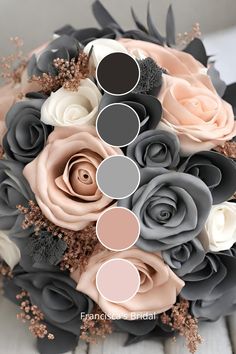 a bridal bouquet with grey and pink flowers