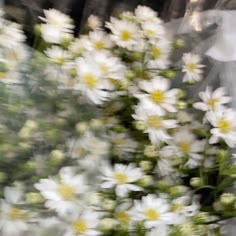 white and yellow flowers in a vase on a table with blurry images behind them