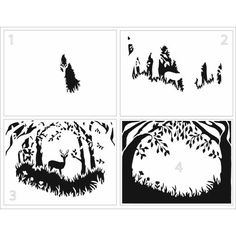 four black and white silhouettes of trees with animals in the woods, one on each side