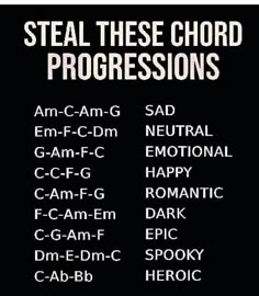 a poster with the words steal these chords progressions in white and black on a black background