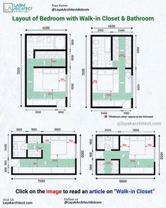 three floor plans for a bedroom with walk in closets and bath room on the other side