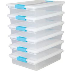 stacking bins with blue handles and lids on each side are stacked up against one another