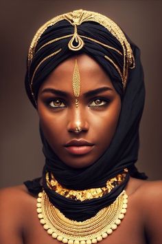 an african woman wearing gold jewelry and a black headdress with her eyes closed