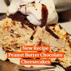 a piece of new recipe peanut butter chocolate cheesecake on a plate with a fork