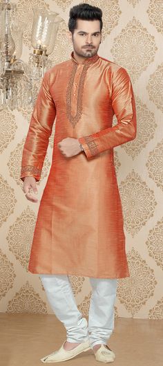 501851: Orange color family stitched Kurta Pyjamas . Kurta Pajama Men, Silk Kurta, Color Art, Thread Work, Silk Fabric, Colorful Art, Linen Fabric, Orange Color, Gray Color