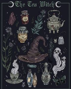 the tea witch is surrounded by witches and other things that are in their jars,