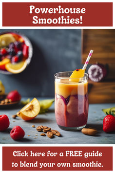 a smoothie with fruit and nuts on the side is featured in this postcard