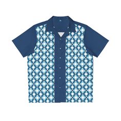 Step back into a bygone era of style with this navy blue retro-inspired bowling shirt, boasting a bold geometric pattern that harks back to the vintage Hawaiian aesthetic. Designed for the fashion-forward yet nostalgic individual, this shirt features a classic button-up front, crisp collar, and short sleeves for a comfortable, relaxed fit. Ideal for casual outings or themed events, this piece merges the laid-back charm of leisurewear with the timeless appeal of 1950s Americana. Made to have a bo 1950s Americana, Hawaiian Aesthetic, Retro Bowling Shirts, Mens Bowling Shirts, 1950 Fashion, Bowling Shirt, 1950s Style, Themed Events, Bygone Era