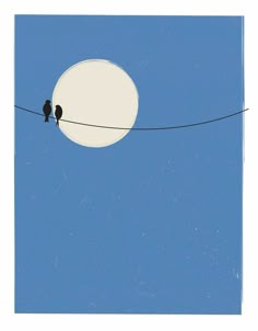 two birds sitting on a wire with the moon in the background