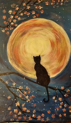 a painting of a cat sitting on a tree branch with the moon in the background