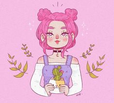 a girl with pink hair holding a cactus