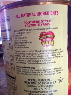 an image of a jar of food that is labeled with ingredients for the sweetened yams