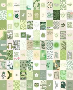 a collage of green and white images with hearts, flowers, leaves and words