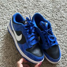 Worn Once, Too Big. Game Royal Nike Dunks. The Blue Is Patent Leather, So Cute! Excellent Condition, Not Creased. Royal Blue Dunks, Navy Blue Nike Dunks, Blue And White Nike Dunks, Royal Blue Nike Dunks, Nike Dunk Navy Blue And White, Nike Dunk Low Royal Blue, Nike Dunks, Shoe Game, Womens Shoes Sneakers