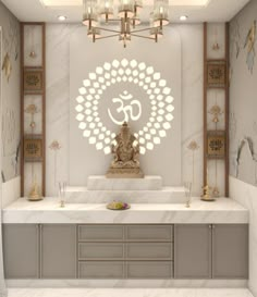 the interior of a room decorated in white and gold with an omesh symbol on the wall