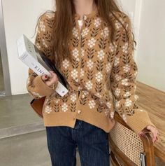 Floral Sweater Loose Outer Wear Knit Cardigan Korean Retro Japanese Warm Jacket on Storenvy Loose Knitwear, Stile Casual Chic, Flower Cardigan, Warm Cardigan, Cottagecore Style, Floral Cardigan, Cardigan Women, Button Cardigan, Loose Sweater