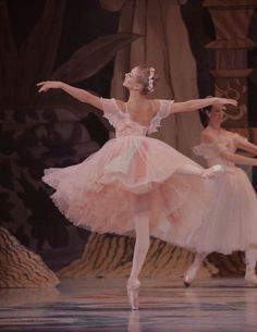 two ballerinas in pink tutu and white leotards