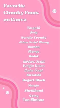 a pink menu with the words favorite chunky fonts on canva written in white