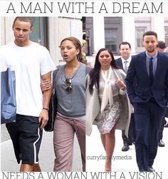 two men and one woman walking down the street with text that reads, a man with a dream needs a woman with a vision