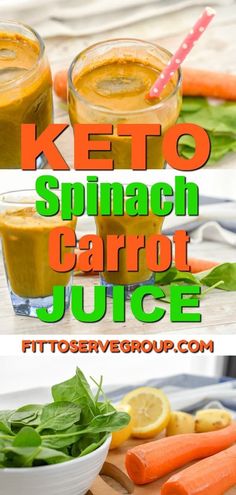 keto spinach carrot juice in two glasses and on a cutting board with fresh vegetables