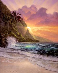 a painting of the ocean and mountains with waves coming in from the shore at sunset