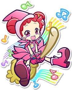 a cartoon character is flying through the air with musical notes around her and wearing a pink outfit