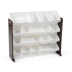 a wooden shelf with white trays on it and measurements for the bottom half of each bin