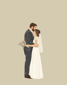 a bride and groom standing next to each other in front of a beige background with flowers