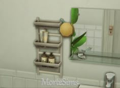 a bathroom scene with focus on the shelf and mirror