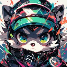 a cat wearing a motorcycle helmet with colorful paint splattered on it's face