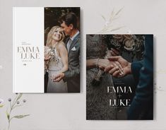 two wedding brochures are shown with flowers