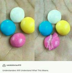 two pictures of different colored candies in someone's hand with the caption, what do you mean?