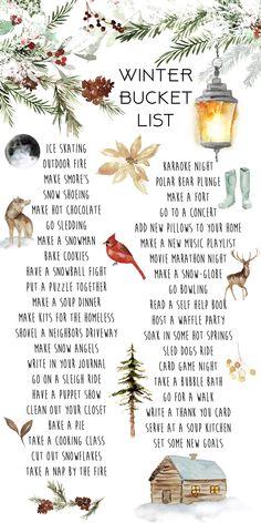 the winter bucket list is shown with pine cones, evergreens and other things to do