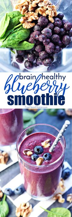 blueberry smoothie with nuts and spinach on the side